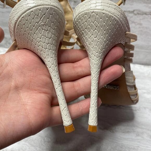 SCHUTZ Snake Print Caged High Heels Leather Sole White Tan Open Toe Ankle Strap - Picture 7 of 16